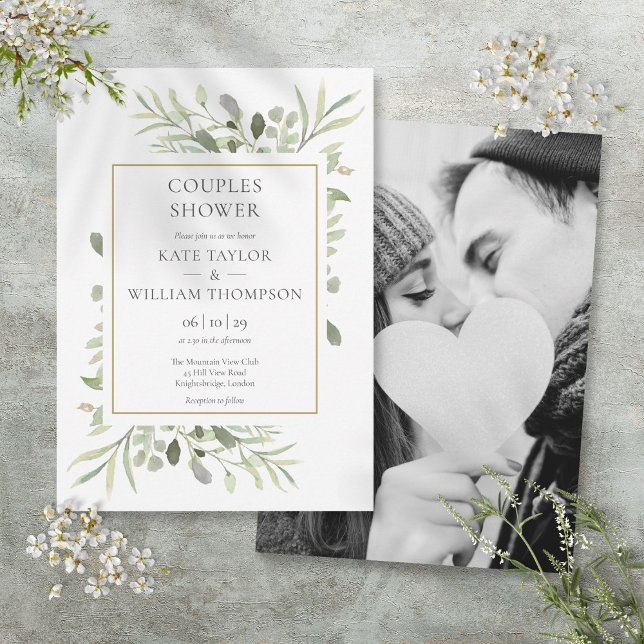Invitación Verdor Foliage Photo Couples Ducha (Greenery Foliage Photo Couples Shower Invitation)