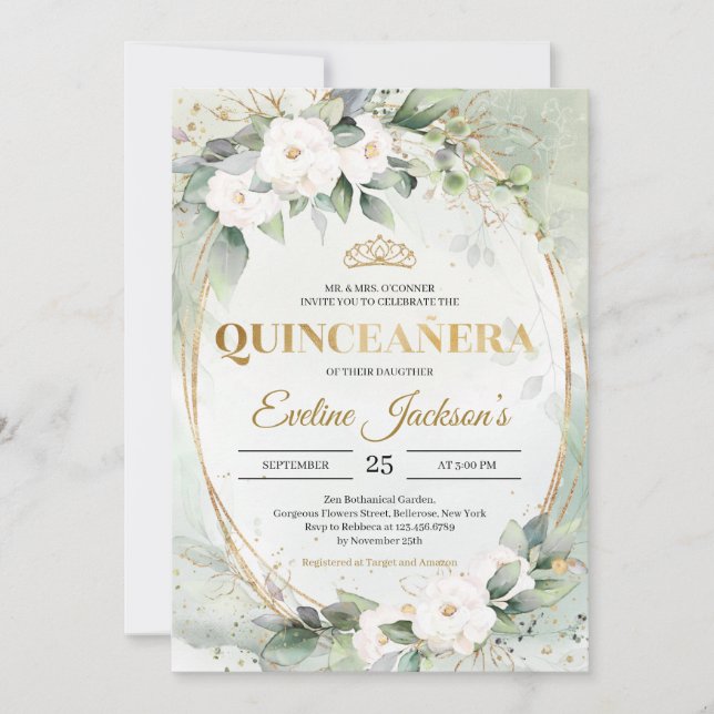 Invitación Verdor follaje oro tiara corona Quinceañera (Anverso)