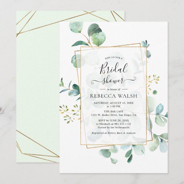 Invitación Verdor geométrico Eucalyptus Ducha Bridal (Anverso / Reverso)