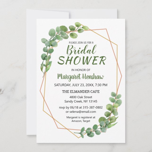 Invitación Verdor geométrico Eucalyptus Ducha Bridal Moderno (Anverso)