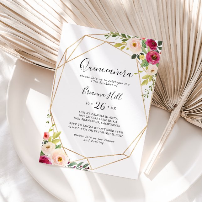 Invitación Verdor geométrico oro Floral rosa Quinceañera (Subido por el creador)