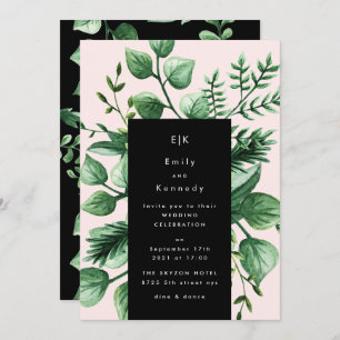 Invitación Verdor Hoja fresca Boda rosa negro moderno