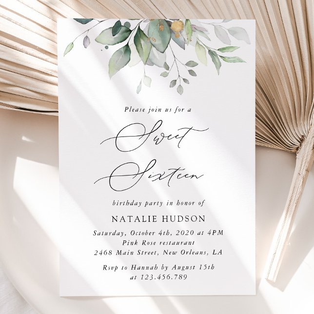 Invitación Verdor, hojas de eucalipto, boho, dulce 16 (Subido por el creador)