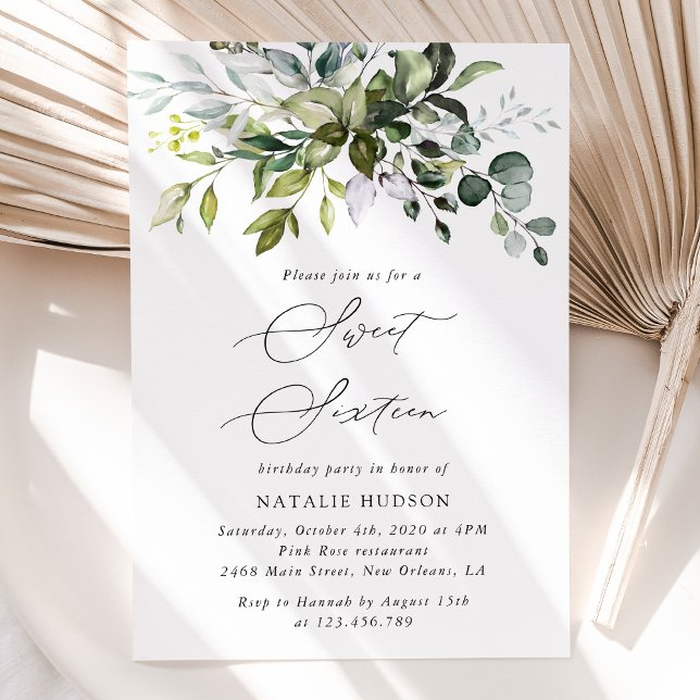 Invitación Verdor, hojas de eucalipto, boho, dulce 16 (Subido por el creador)