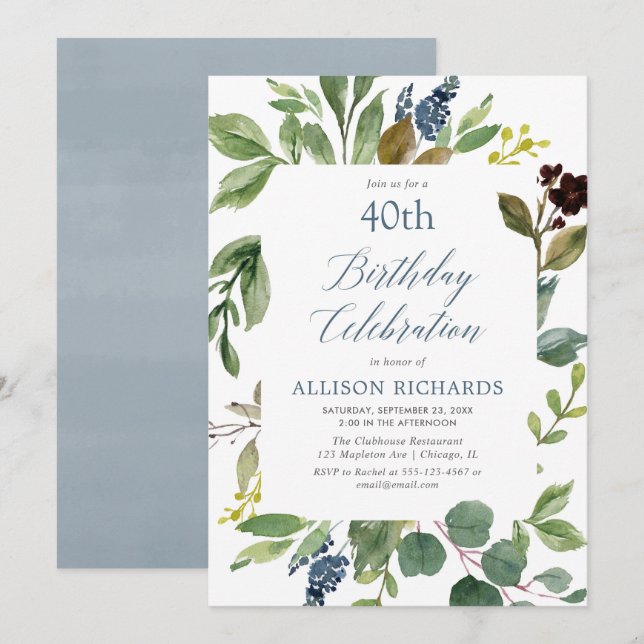 Invitación Verdor hojas verdes polvorientos azul floral cumpl (Anverso / Reverso)