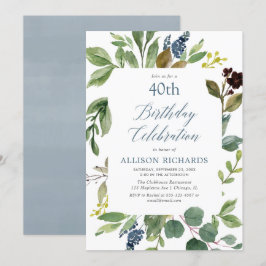 Invitación Verdor hojas verdes polvorientos azul floral cumpl