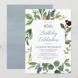 Invitación Verdor hojas verdes polvorientos azul floral cumpl