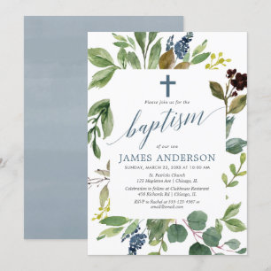 Invitación Verdor hojas verdes polvorientos bautismo de niño 