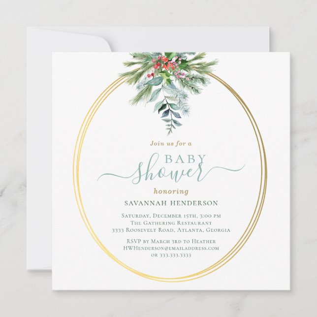Invitación Verdor invernal y Baby Shower dorado (Anverso)