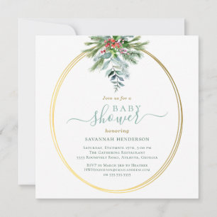 Invitación Verdor invernal y Baby Shower dorado