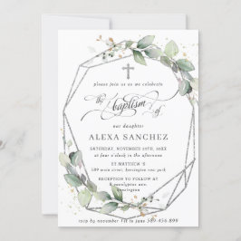 Invitación Verdor Leafy Foliage Baptism Plata Geométrica