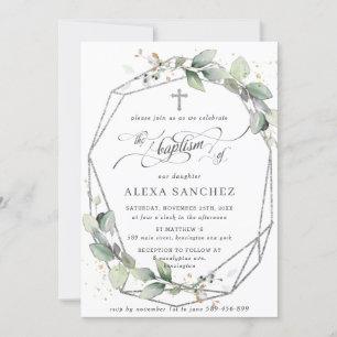 Invitación Verdor Leafy Foliage Baptism Plata Geométrica