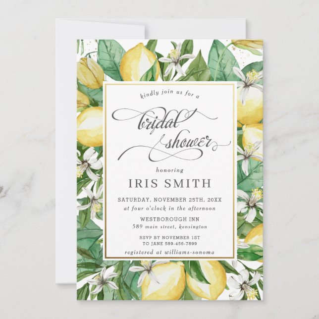 Invitación Verdor mediterráneo limón Verdor Bridal Ducha (Anverso)