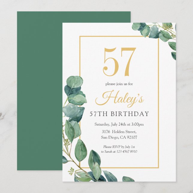 Invitación Verdor Moda Wreath Oro & Sage 57º cumpleaños (Anverso / Reverso)