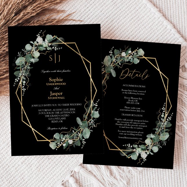 Invitación Verdor Monograma Negro Simple Todo En Un Boda (Subido por el creador)