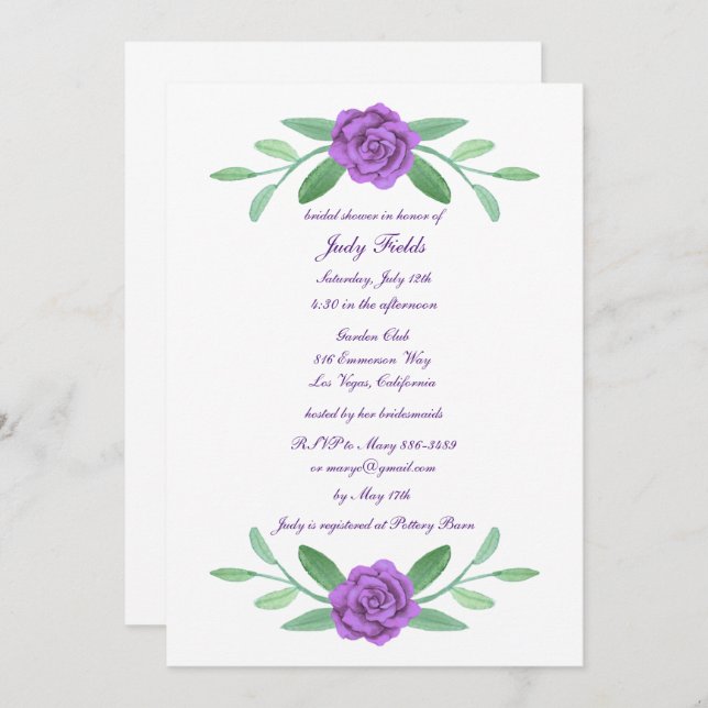 Invitación Verdor morado floral Foliage Bridal Shower (Anverso / Reverso)