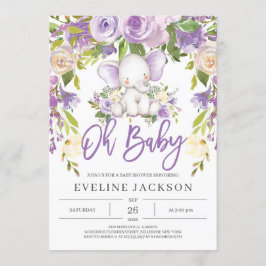Invitación Verdor morado lindo elefante oh bebé ducha