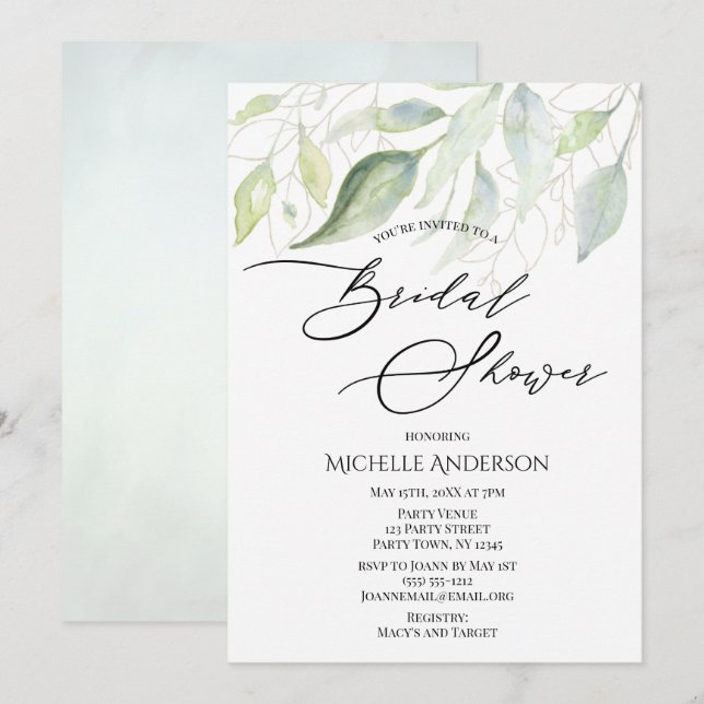 Invitación Verdor Oro Hojas Botánicas Ducha Bridal (Anverso / Reverso)