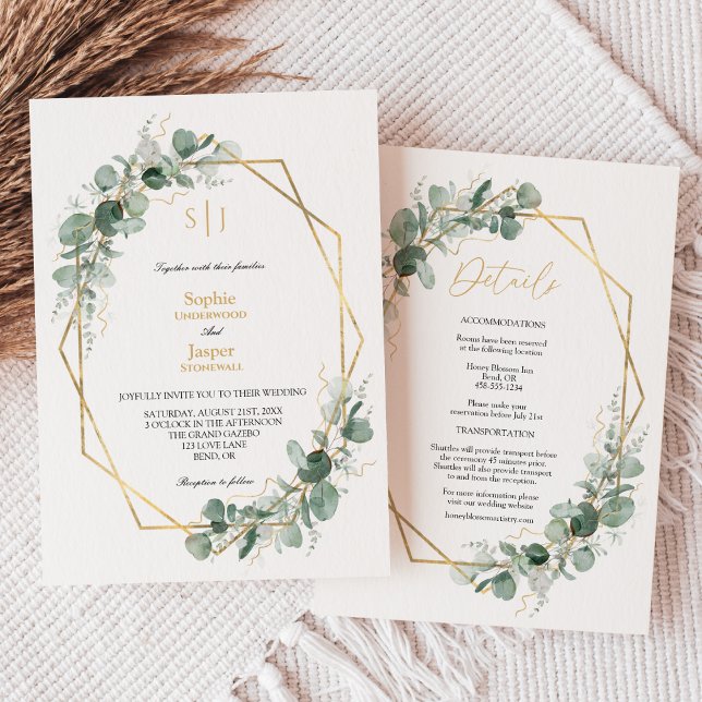 Invitación Verdor Oro Monograma Simple Todo En Un Boda (Subido por el creador)