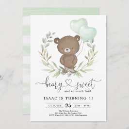 Invitación Verdor Oso de Teddy con Globos Primer cumpleaños