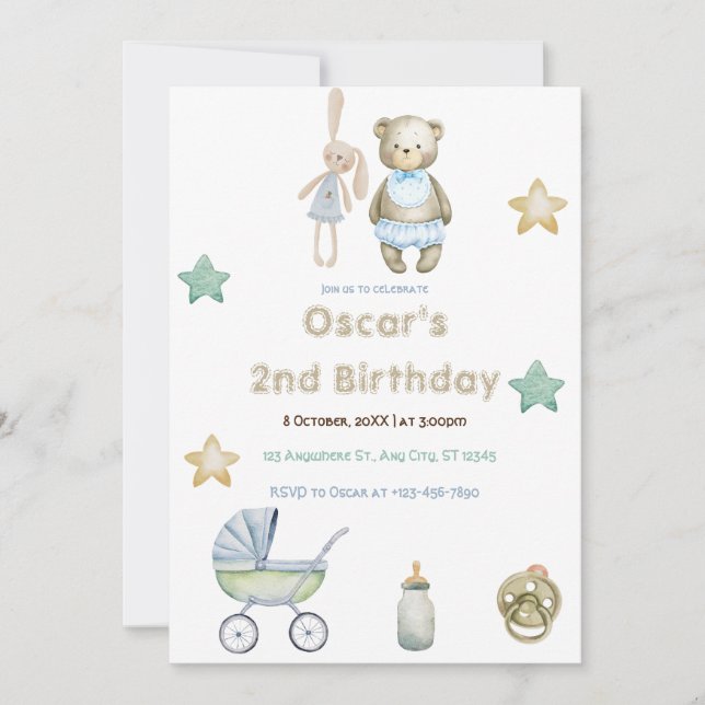 Invitación Verdor Oso de Teddy con Stars Boy segundo cumpleañ (Anverso)
