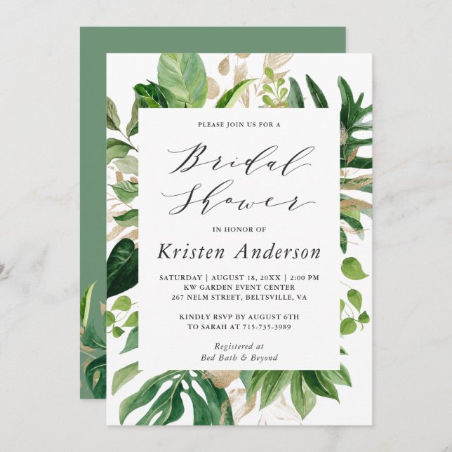 Invitación Verdor Palm tropical deja ducha de novia floral (Anverso / Reverso)