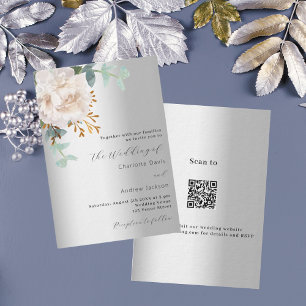 Invitación Verdor plateado floral lujo código QR boda RSVP