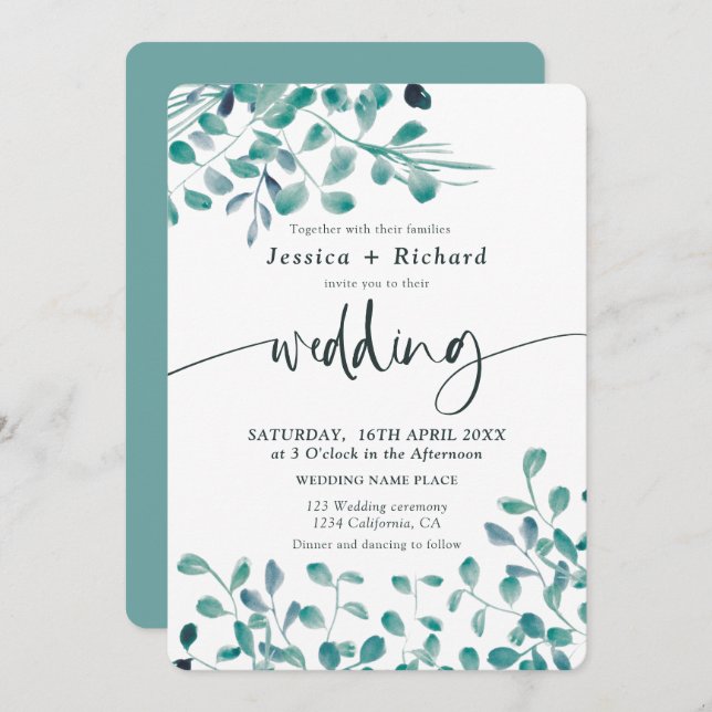 Invitación Verdor primavera verano eucalipto boda floral (Anverso / Reverso)