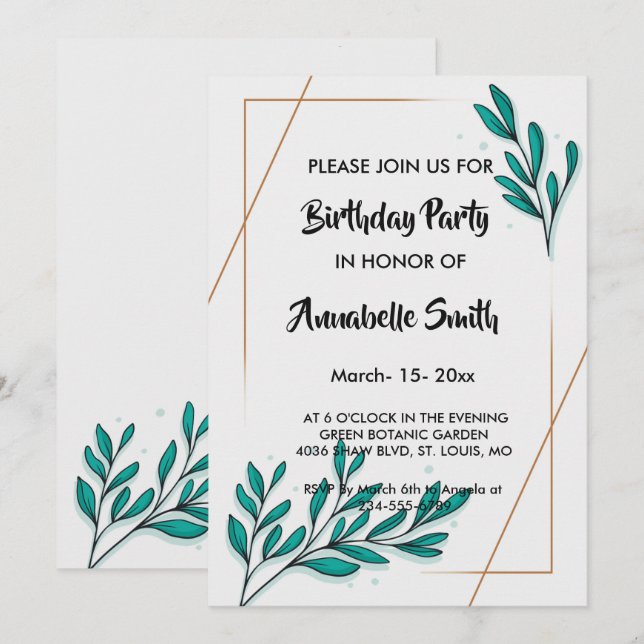 Invitación Verdor Relieve metalizado dorado floral deja cumpl (Anverso / Reverso)