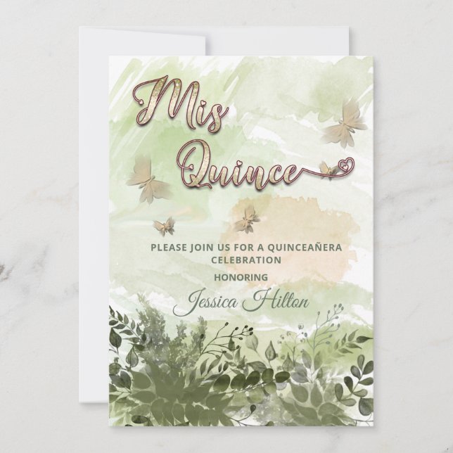 Invitación Verdor romántico jardín mariposa Mis quince (Anverso)
