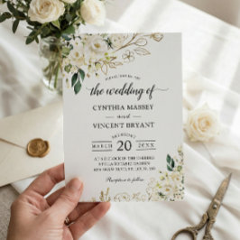 Invitación Verdor Rosa Blanca Floral Oro hojas Boda