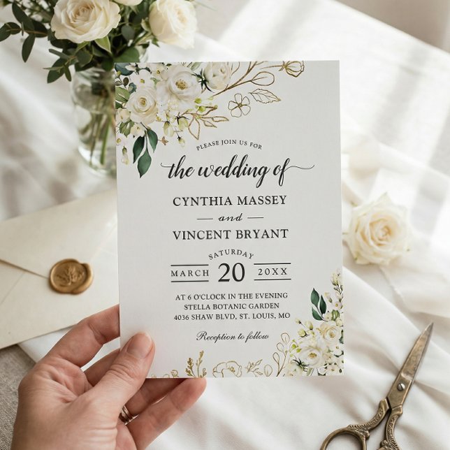 Invitación Verdor Rosa Blanca Floral Oro hojas Boda (Subido por el creador)