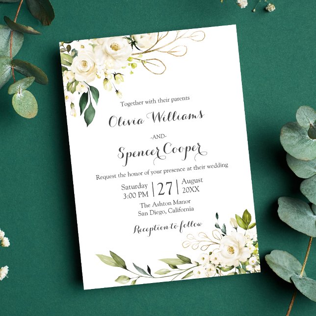 Invitación Verdor Rosa Blanca Floral Oro hojas Boda (Floral Wedding Invitation)