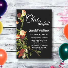 Invitación Verdor Rosas de Borgoña Floral Negra Primer cumple