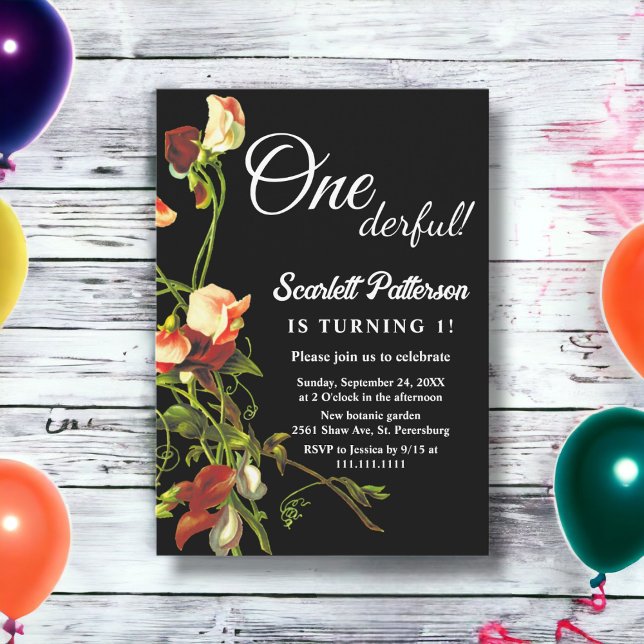 Invitación Verdor Rosas de Borgoña Floral Negra Primer cumple (Subido por el creador)