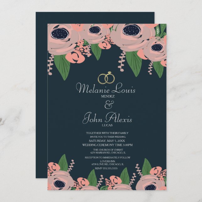 Invitación Verdor Rubor Rosa Rosa Rosa Floral Boda Botánico (Anverso / Reverso)
