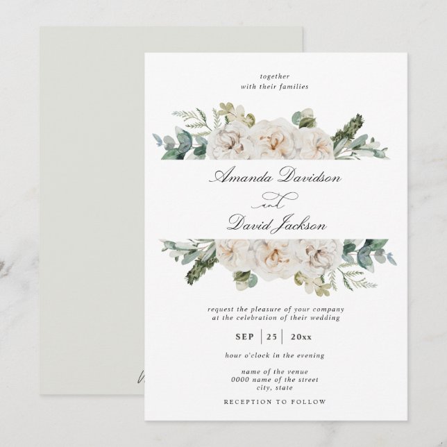 Invitación Verdor Rústico Boda Verde Floral Blanco (Anverso / Reverso)
