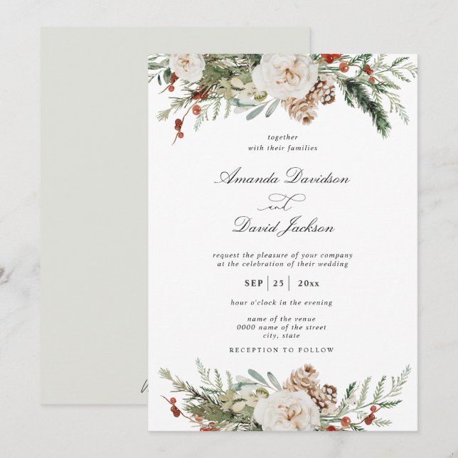 Invitación Verdor rústico Floral blanca Boda de Berries rojas (Anverso / Reverso)