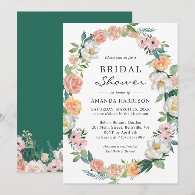Invitación Verdor Secreto Jardín Floral Wreath Bridal Ducha (Anverso / Reverso)