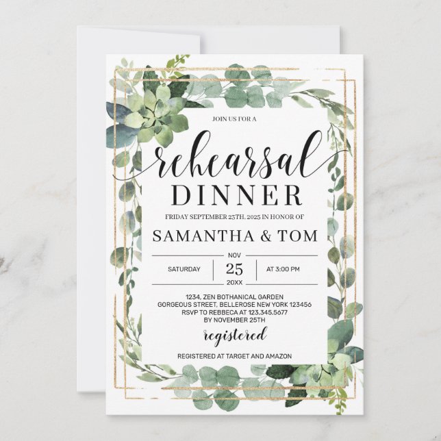 Invitación Verdor suculento ensayo de marco dorado floral (Anverso)