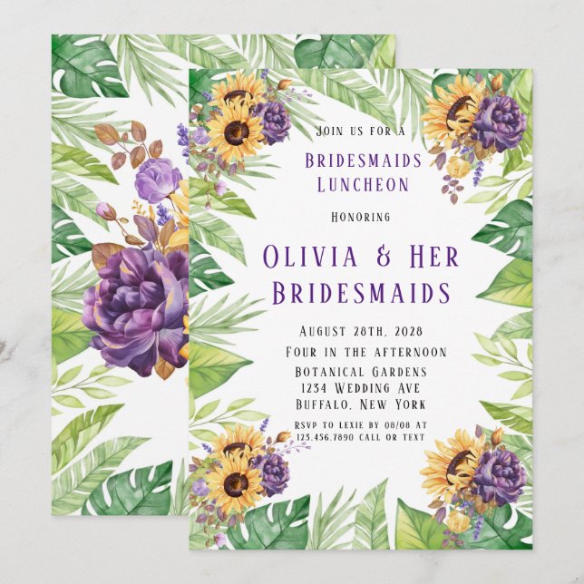 Invitación Verdor Sunflower Morado Morado Floral Bridesmaids  (Anverso / Reverso)