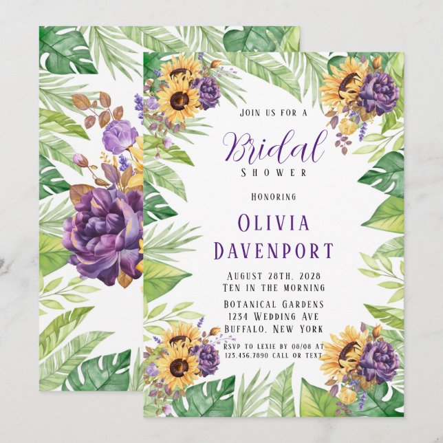 Invitación Verdor Sunflower Purple Floral Bridal Shower (Anverso / Reverso)