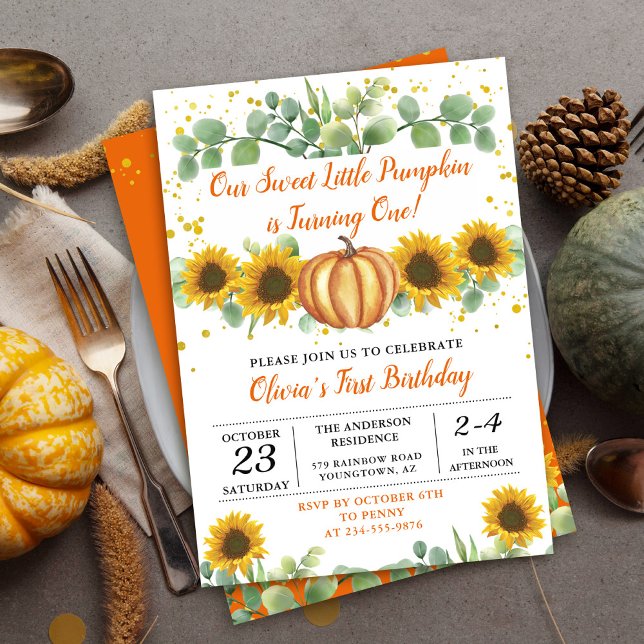 Invitación Verdor Sunflowers Caída Calabaza Primer Cumpleaños (Subido por el creador)