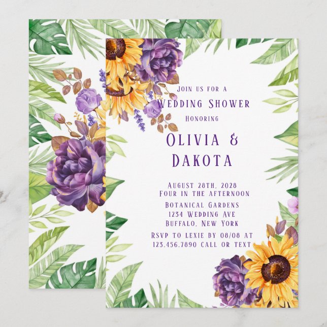 Invitación Verdor Sunflowers Púrpura Floral Weddadora (Anverso / Reverso)