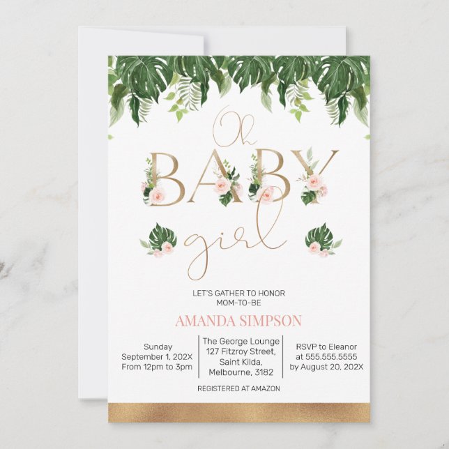 Invitación Verdor tropical Baby Shower floral rosa (Anverso)
