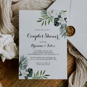 Invitación Verdor tropical Ducha de Parejas Florales Blancas