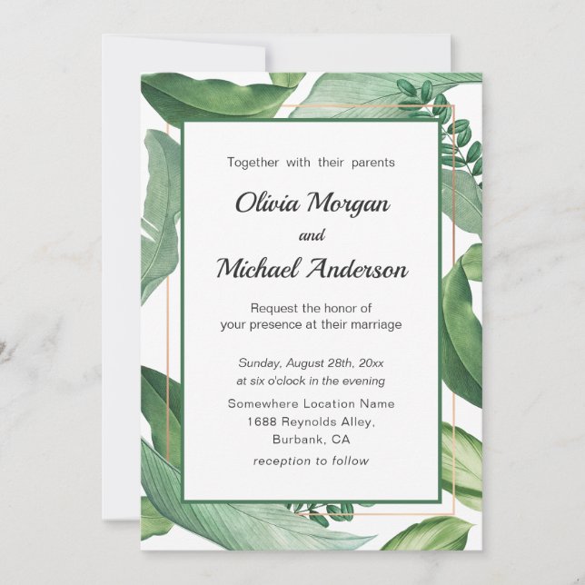 Invitación Verdor tropical y marco dorado. Boda moderno (Anverso)