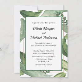 Invitación Verdor tropical y marco dorado. Boda moderno