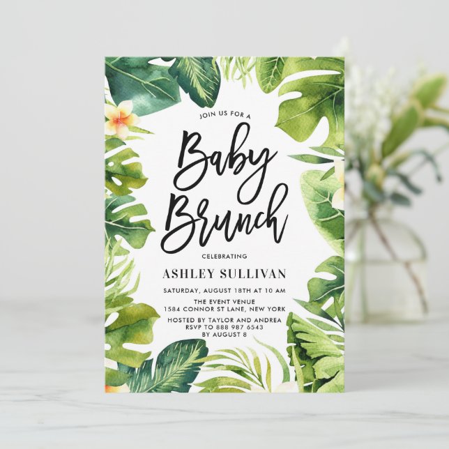Invitación Verdor tropical y Plumeria Baby Shower Brunch (Anverso de pie)