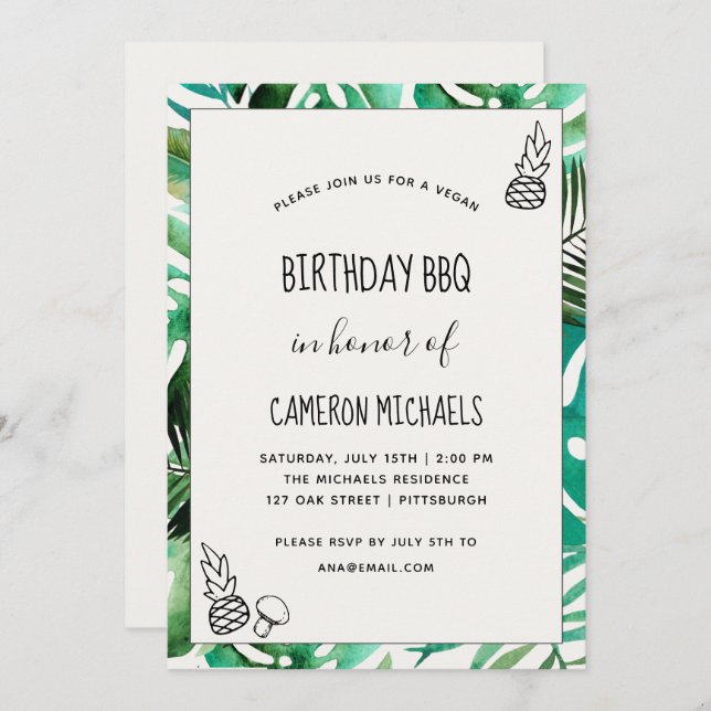 Invitación Verdor Vegan Birthday BBQ Hojas de acuarela (Anverso / Reverso)